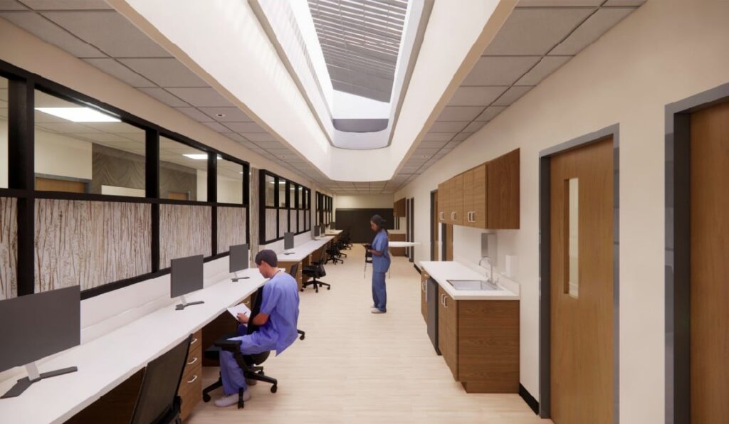 A rendering of the new SLHC's Nurses' Station.